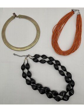 Lot 3 Vintage Necklaces Gold-Tone Omega Orange Seed Beads Black Chunky, Unsigned